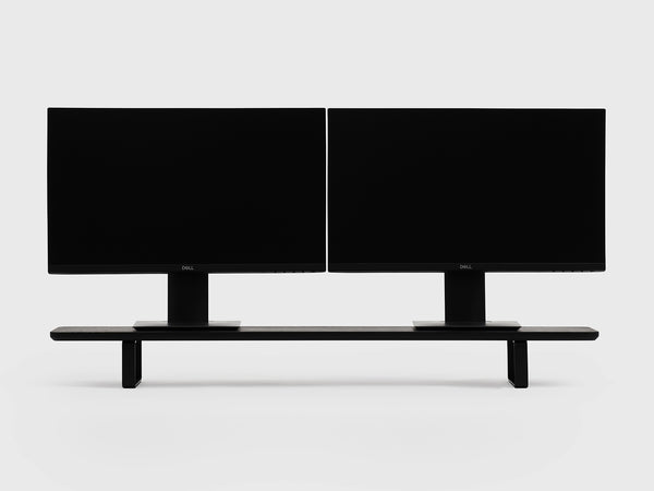 black wooden desk shelf with black legs - dual screen setup | black, black