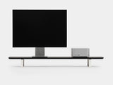 black wooden desk shelf with white legs - front | black, white