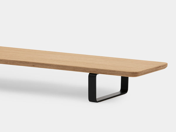 oak veneer desk shelf with black legs - closeup | oak veneer, black