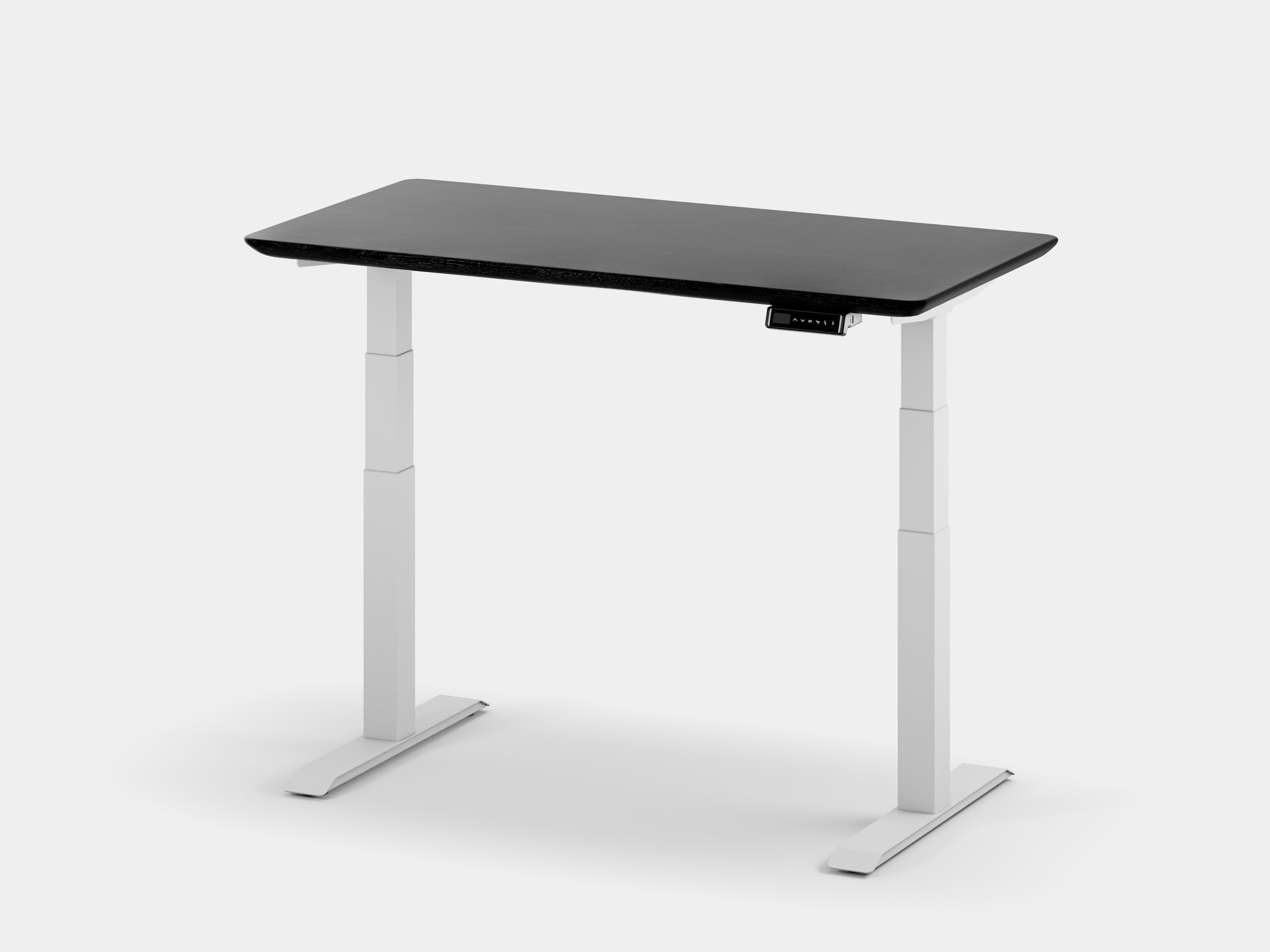 oakywood black wooden standing desk touch with white legs in standing position | black, , white