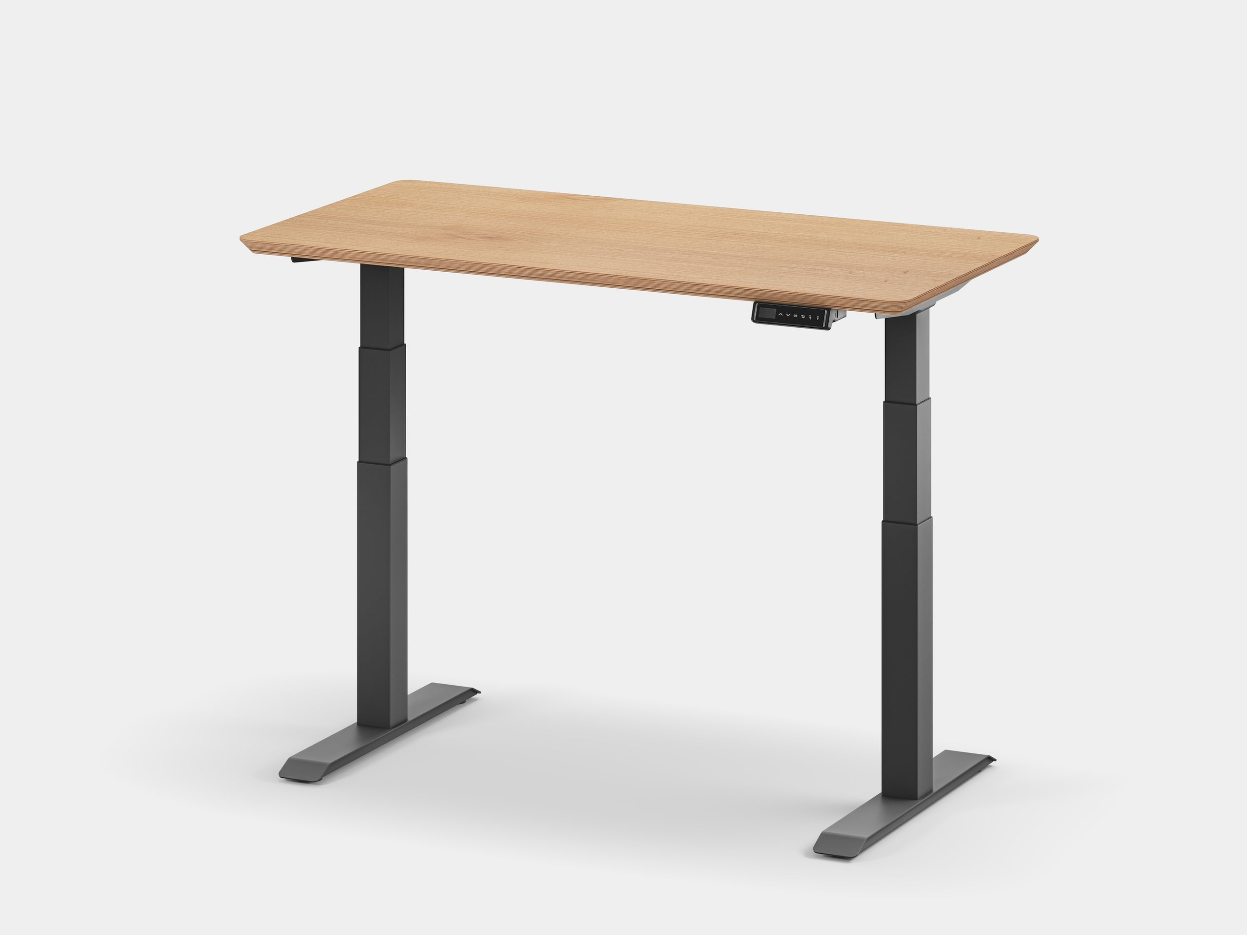 oakywood oak veneer standing desk touch with black legs in standing position | oak veneer, , black