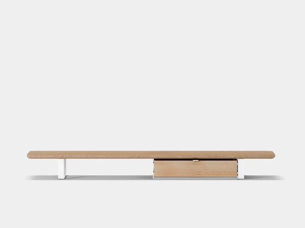 oakywood oak veneer desk shelf with white legs and single modular drawer | oak veneer, single drawer, white