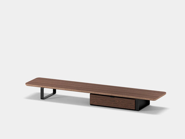 oakywood walnut veneer desk shelf with black legs and single modular drawer | walnut veneer, single drawer, black