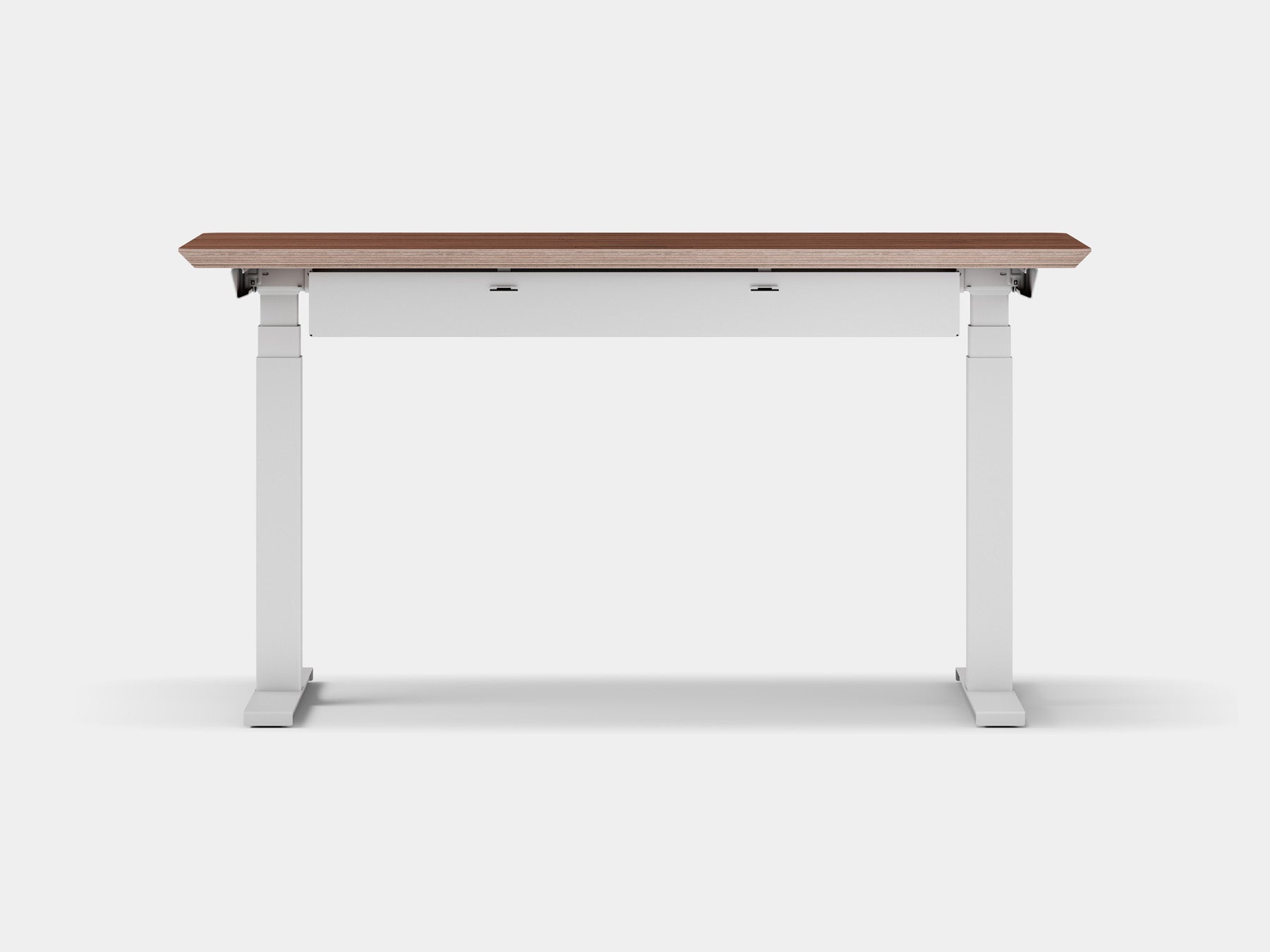 oakywood walnut veneer standing desk pro with white legs and cable management back view | walnut veneer, ,white
