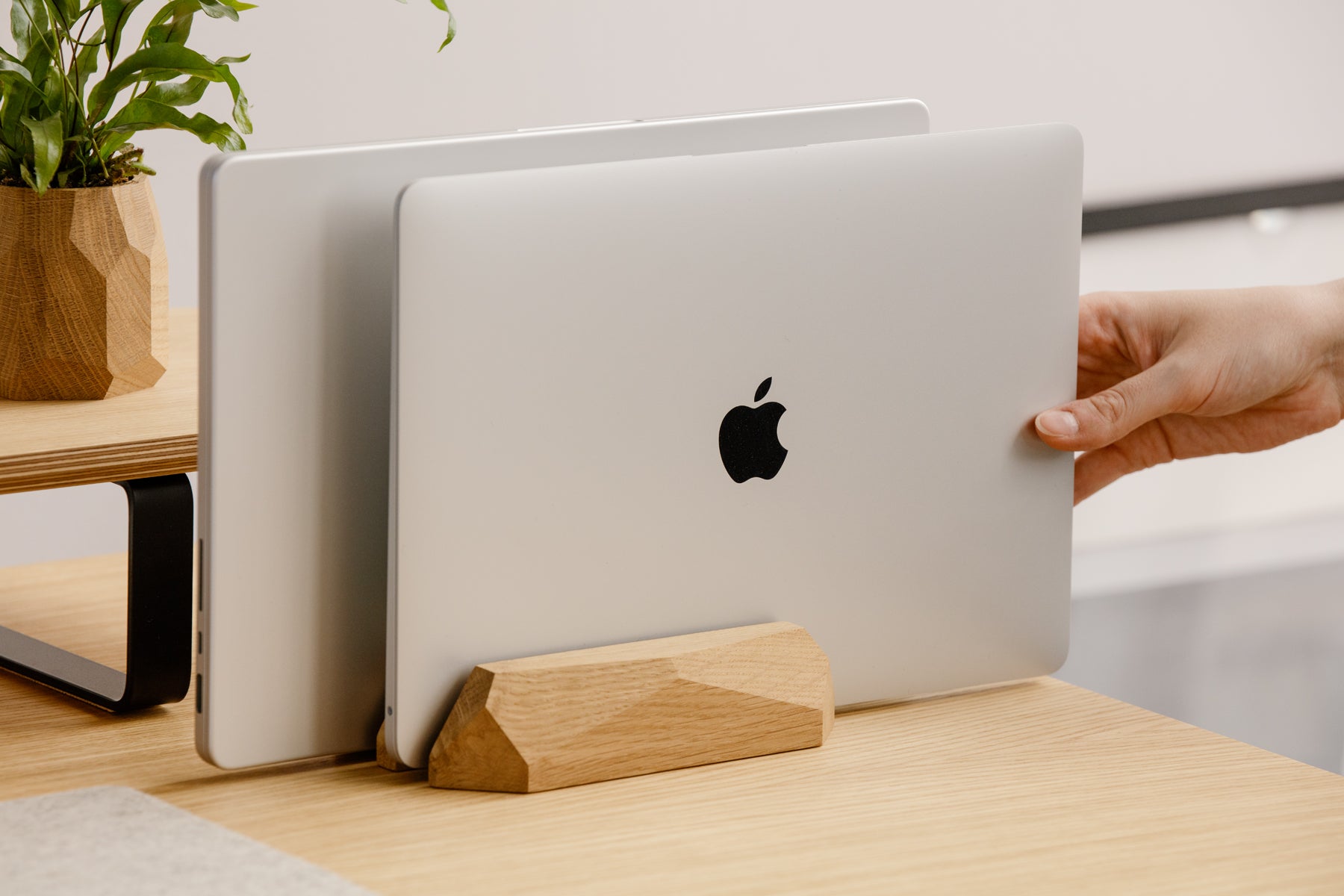 oakywood oak wooden dual laptop stand in use | -